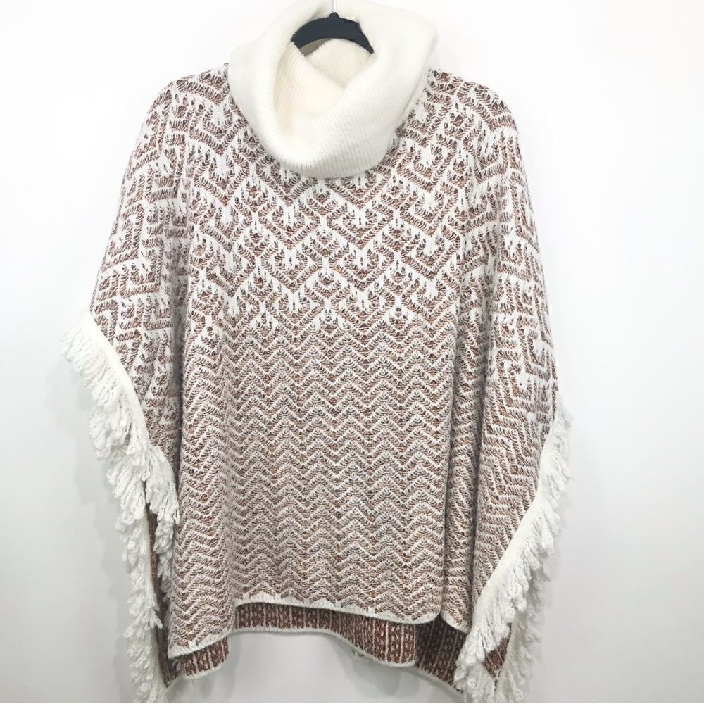 World Market Thick Knit Cream Rust Design Turtleneck Poncho